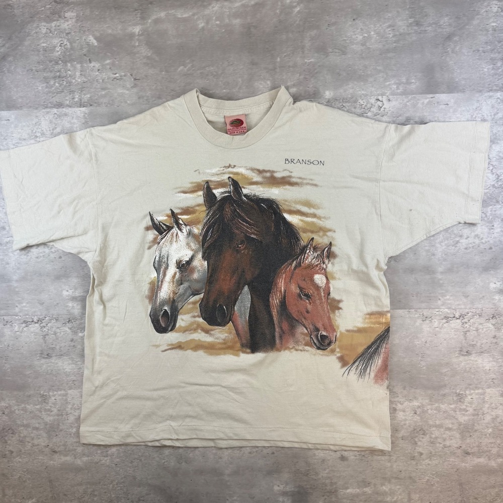 Vintage Hazelwoods Branson Missouri Horse Graphic T-Shirt Cream XL Made in USA